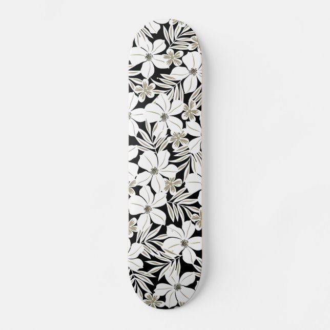 Skateboard Flores tropicales blancas en negro (Anverso)