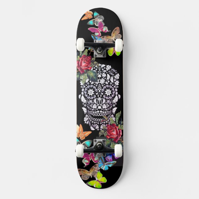 SKATEBOARD FLORES Y MARIPOSAS DE PATINAJE NEGROS (Anverso)