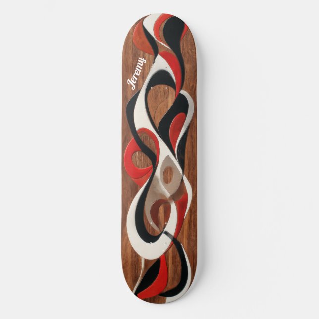 Skateboard Flowing abstract black, red, white on walnut (Anverso)