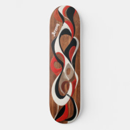 Skateboard Fluyendo abstracto negro, rojo, blanco sobre nogal
