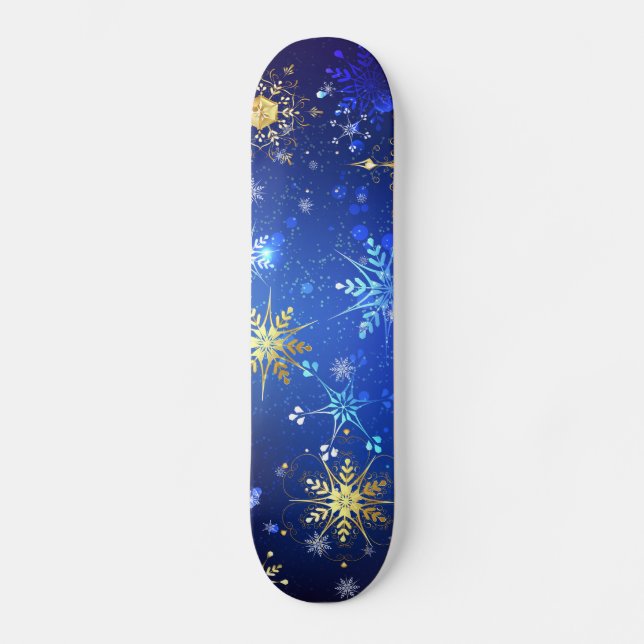 Skateboard Fondo azul XMAS con copos de nieve dorados (Anverso)