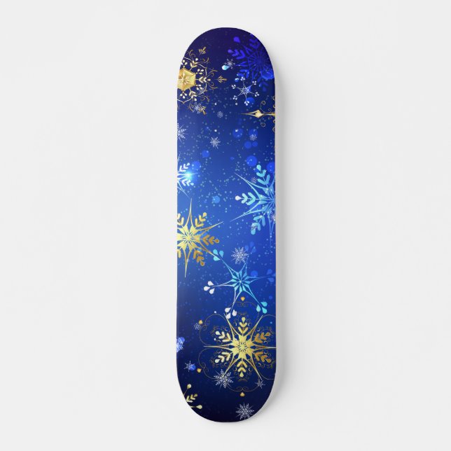 Skateboard Fondo azul XMAS con copos de nieve dorados (Anverso )