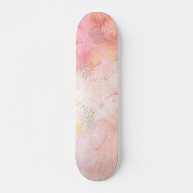 Skateboard Fondo floral rosa de color de agua (Anverso )