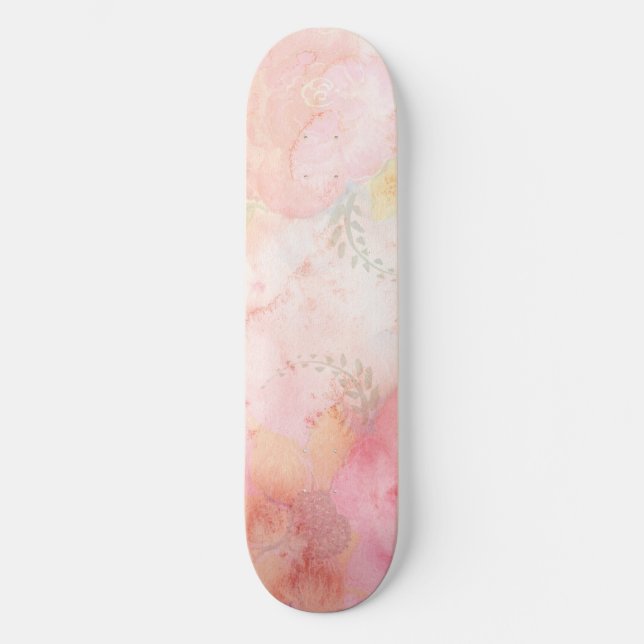 Skateboard Fondo floral rosa de color de agua (Anverso)