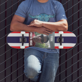 Skateboard Foto/ texto personalizado rojo, blanco y azul