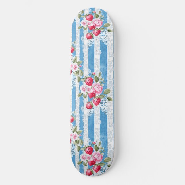 Skateboard Fresas y flores antiguas en franjas azules (Anverso)