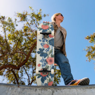 Skateboard Fresas y hojas azules vintage patrón floral