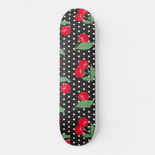 Skateboard Fruta de cereza roja Hojas verdes Puntos negros bl