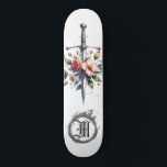 Skateboard *~* Fuego AP88 Espada Medieval Floral<br><div class="desc">(Código de búsqueda AP88 para encontrar elementos similares ) Transferir fácilmente a otros productos Zazzle. Skateboard de fondo BLANCO con PINK y color ROSA FLORES MEDIEVAL SWORD para capas de dragón con FLORES / elementos FLORALES y con ANILLO de FUEGO / LLAMAS / LLAMA y letra , MONOGRAMA INICIAL para...</div>
