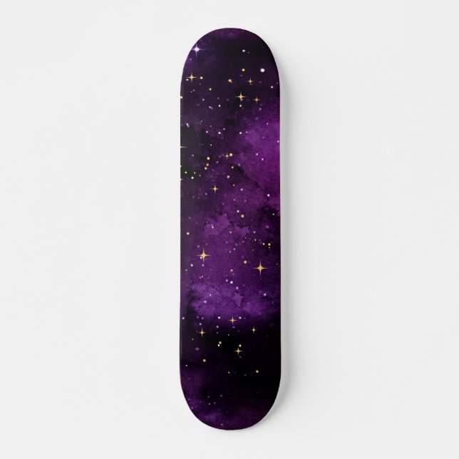 Skateboard Galaxia púrpura Estrellas de oro Universo Sparkles (Anverso )