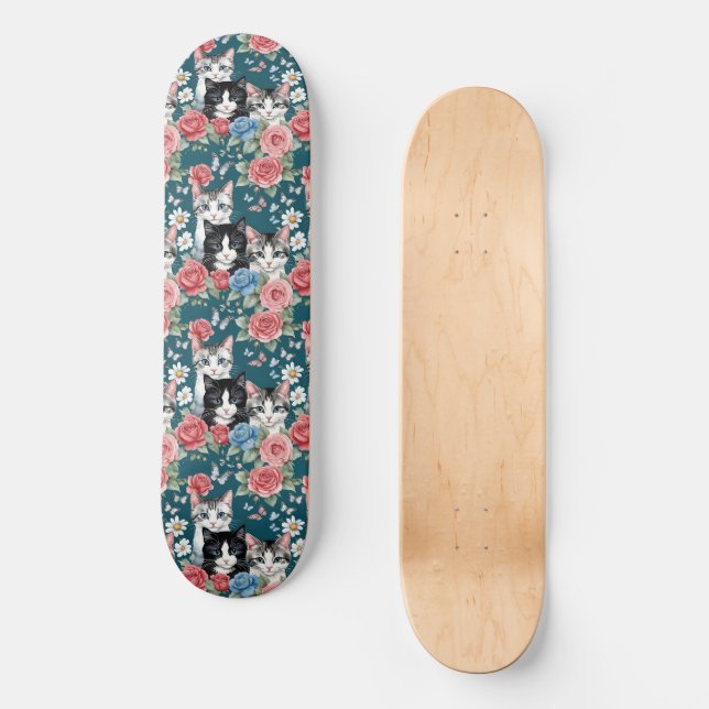 Skateboard Gatitos De Gato Con Rosas Y Mariposas (Anverso)