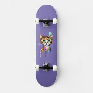 Skateboard Gato Acuarela Colorido