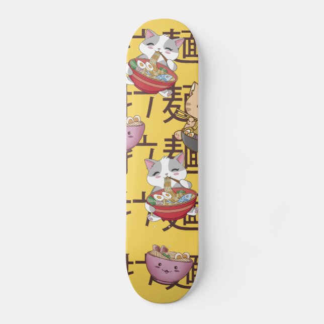 Skateboard Gato anime japonés de Kawaii Ramen fideos (Anverso)