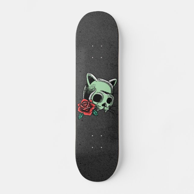 Skateboard Gato atormentado Floral Skull moderno Guay Gótico  (Anverso)
