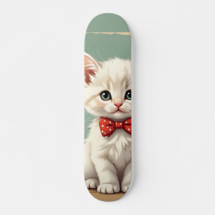 Skateboard Gato blanco adorable y lindo con corbata de moño