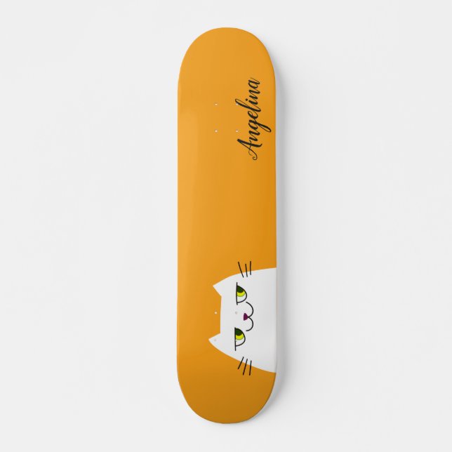 Skateboard Gato Blanco Simple Divertido Monograma Amarillo (Anverso )