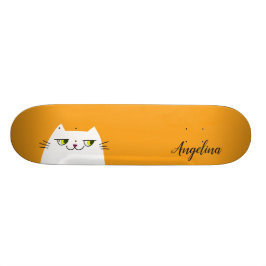 Skateboard Gato Blanco Simple Divertido Monograma Amarillo