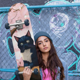 Skateboard Gato Cubierto En Un Árbol De Flor De Cerezo