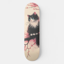 Skateboard Gato de Tuxedo en estética japonesa florece cerezo
