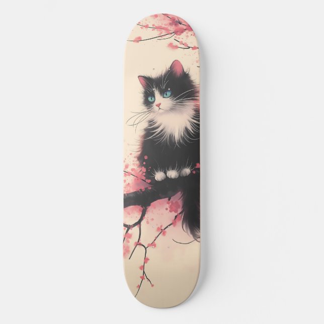 Skateboard Gato de Tuxedo en estética japonesa florece cerezo (Anverso)