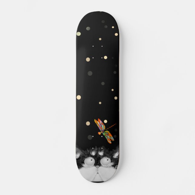 Skateboard Gato de Tuxedo sorprendido por libélula (Anverso)