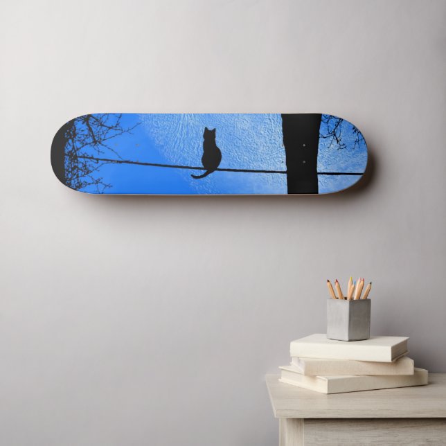 Skateboard Gato en una luna azul con cable (Arte de pared (horz))