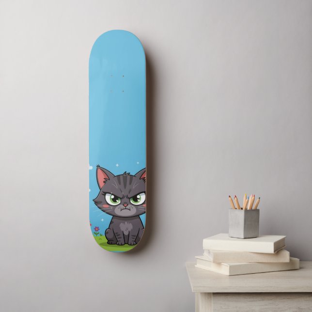 Skateboard Gato gris enfadado pequeño (Arte de la pared)
