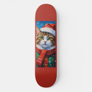Skateboard Gato Navideño Festivo con Gorro de Santa