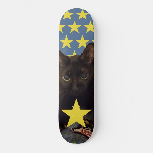 Skateboard Gato negro afortunado con estrellas (Anverso)