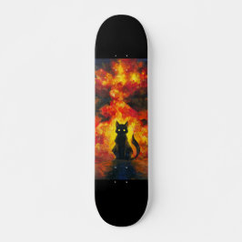 Skateboard Gato Negro en Estilo Acuarela con Fondo Llameante