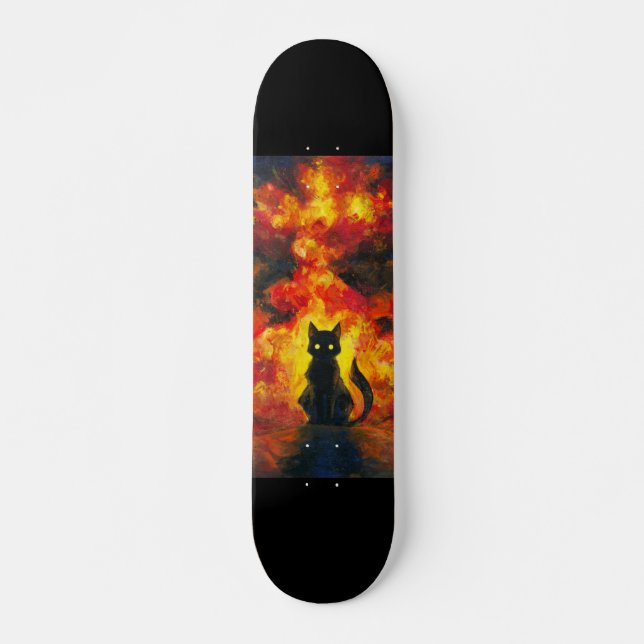 Skateboard Gato Negro en Estilo Acuarela con Fondo Llameante (Anverso )