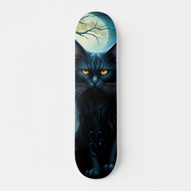 Skateboard Gato negro en noche de luna llena (Anverso )