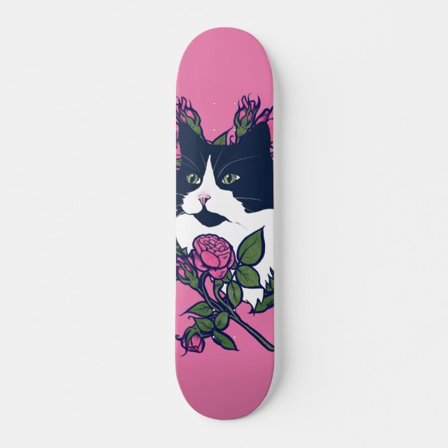 Skateboard Gato Tuxedo Peony Floral Art Tuxie Gatos (Anverso )