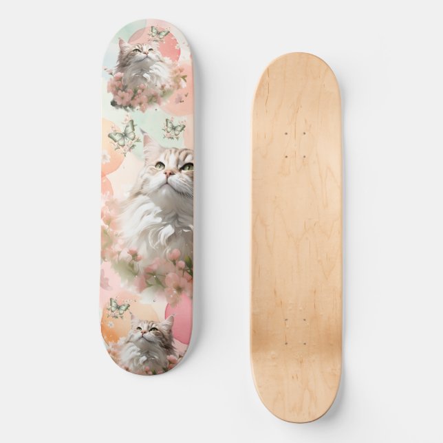 Skateboard Gatos con mariposas rosadas y pasteles (Anverso)