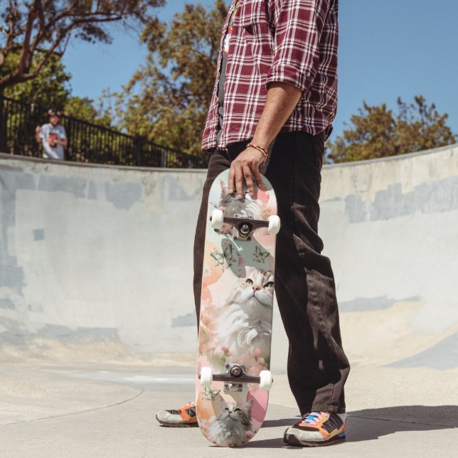 Skateboard Gatos con mariposas rosadas y pasteles (Exterior 2)