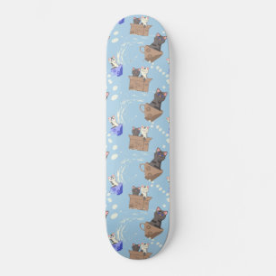 Skateboard Gatos en caja y gotas de leche en azul
