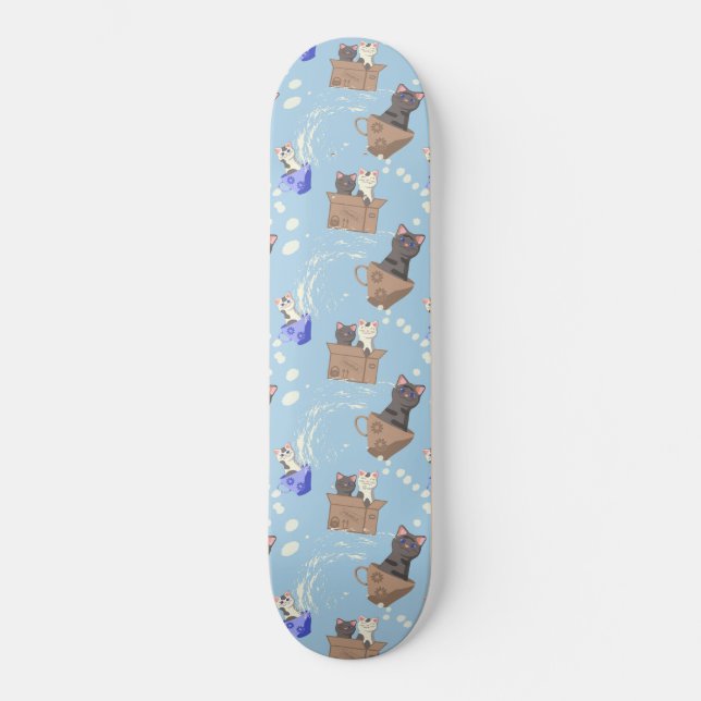 Skateboard Gatos en caja y gotas de leche en azul (Anverso)