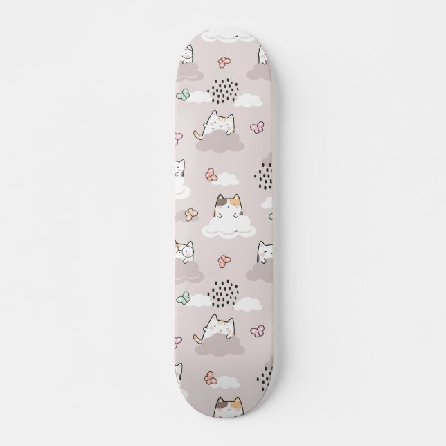 Skateboard Gatos kawaii con nubes y mariposas (Anverso )