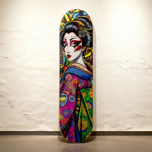 Skateboard Geisha japonesa vibrante en retrato de Kimono