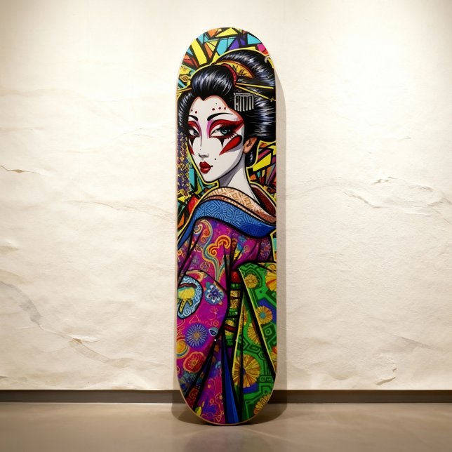Skateboard Geisha japonesa vibrante en retrato de Kimono (Subido por el creador)