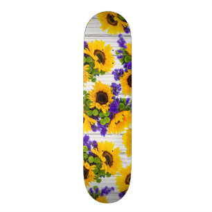Skateboard Girasol amarillo púrpura de madera blanco rústic