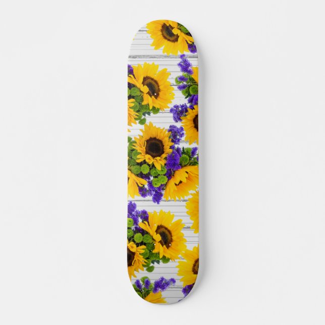 Skateboard Girasol amarillo púrpura de madera blanco rústico (Anverso )