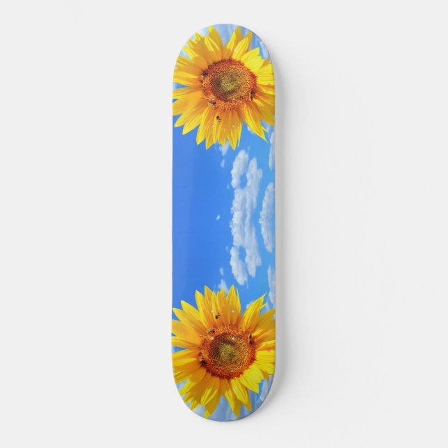 Skateboard Girasol amarillo y abejas en el cielo azul - veran (Anverso)