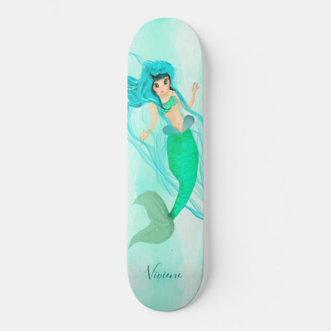 Skateboard Girly Mermaid Green Tail Blue (Anverso)