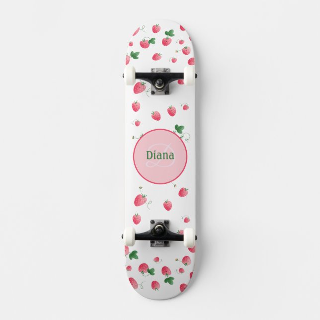 Skateboard Girly Monogram fresas lindas con nombre (Anverso)