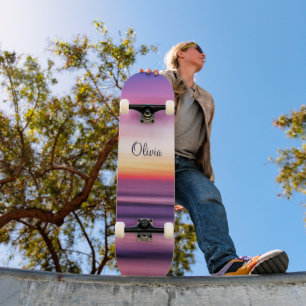 Skateboard GIrly Name Purple Pink Beach Sunset Ocean Waves