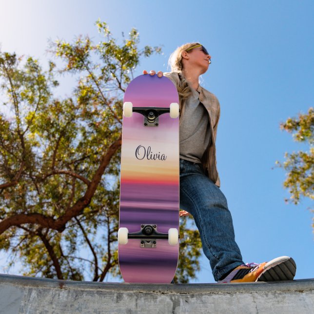 Skateboard GIrly Name Purple Pink Beach Sunset Ocean Waves (Exterior 1)