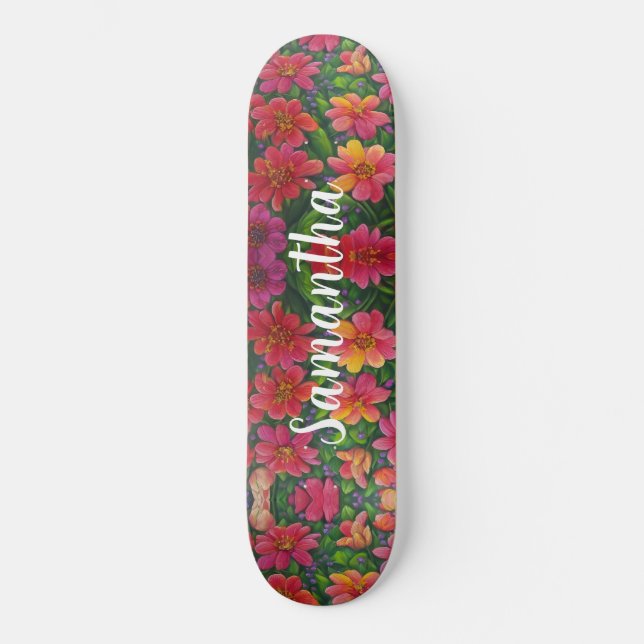 Skateboard Girly Patrón rojo naranja Flores floral (Anverso)