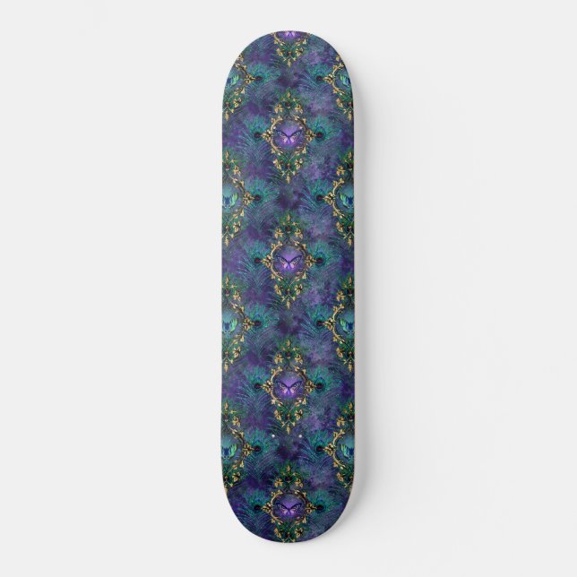 Skateboard Girly Peacock Feathers Butterfly Fantasy (Anverso)