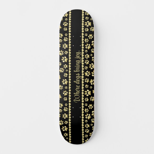 Skateboard Golden Paw Prints on Black with Custom Name (Anverso)